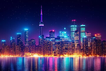 Illuminated cityscape reflects lights in the dark night water