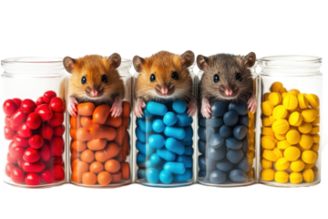 Cute mice in jars of colorful pills medicine rodents adorable isolated on transparent background
