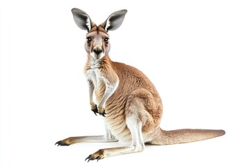 Sitting Kangaroo Isolated on White Background Looking Directly at Camera
