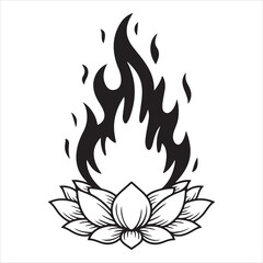 Lotus Flower with Flame Illustration, Vintage Black and White Design