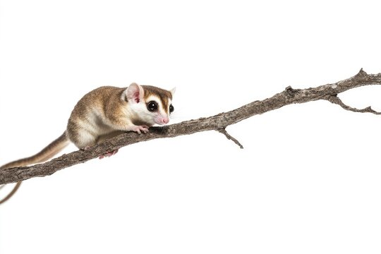 Mouse Opossum Climbing a Branch Isolated on White Background in Studio