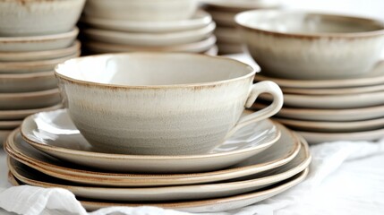 Elegant Stack of Earthy Ceramic Plates and Bowls for Table Setting