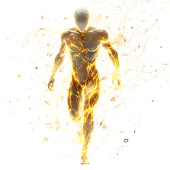 Humanoid Figure with Glowing Golden Veins and Fire Isolated on Transparent Background