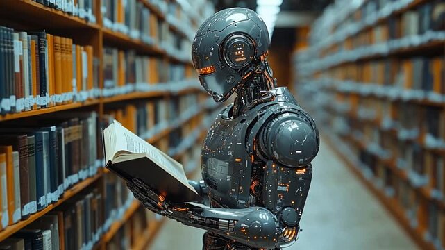 Futuristic robot reading book in library.  Possible use Stock photo for AI, technology, future, education, or science