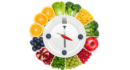 Healthy Food Clock with Sliced Oranges and Fresh Vegetables on a White Plate