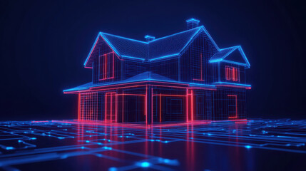 digital house model with glowing lines represents smart home technology