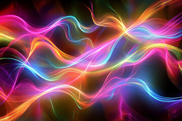 colorful abstract neon light waves with glowing particles