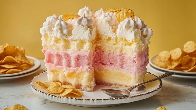 Layered ice cream cake dessert with tortilla chips.