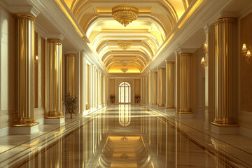 Obraz premium luxurious golden palace hallway with chandeliers and columns