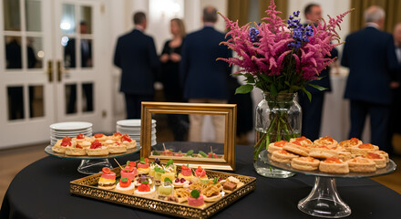 Elegant Event Table with Assorted Appetizers and Floral Arrangement in Soft Lighting with Blurry Background