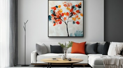 A modern living room features abstract art with vibrant colors and furniture