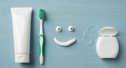 Dental Hygiene Flatlay with Toothpaste Toothbrush and Floss Arranged as a Smile on Light Blue Background
