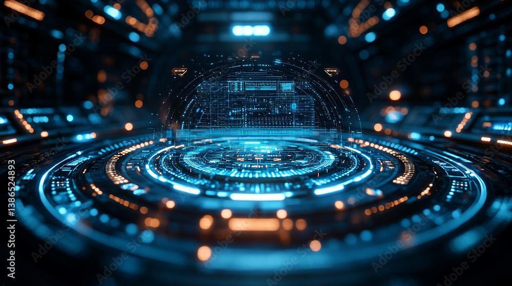 Poster abstract sci-fi tech background with shiny radial blur and grainy film noise. futuristic motion circ