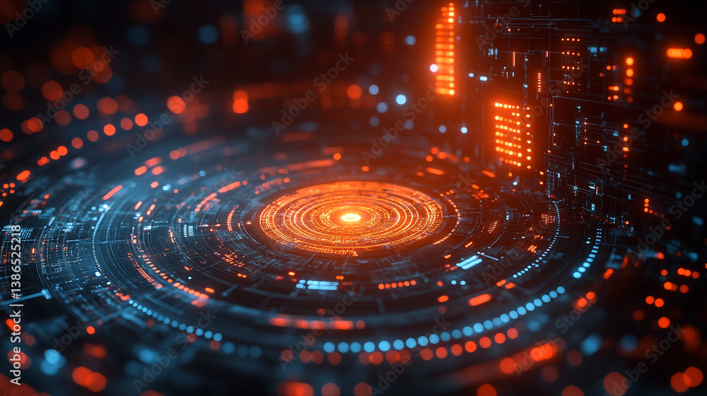 Poster abstract sci-fi tech background with shiny radial blur and grainy film noise. futuristic motion circ