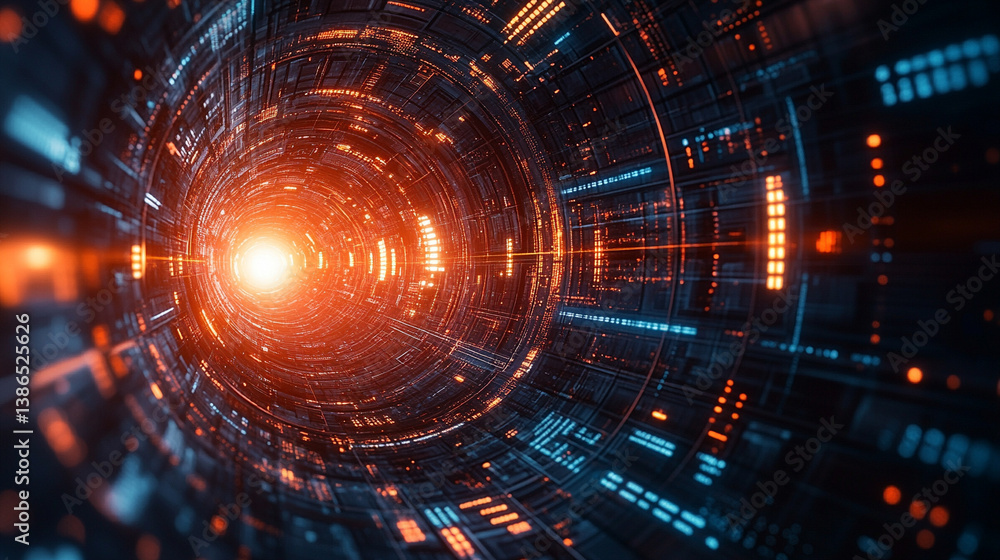 Poster abstract sci-fi tech background with shiny radial blur and grainy film noise. futuristic motion circ