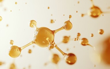 Abstract molecular structure, golden liquid, floating in space, blurred background