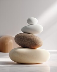 Minimalist 3D pebbles stacked in a serene zen arrangement with soft lighting, beige and white tones, and abstract background elements.