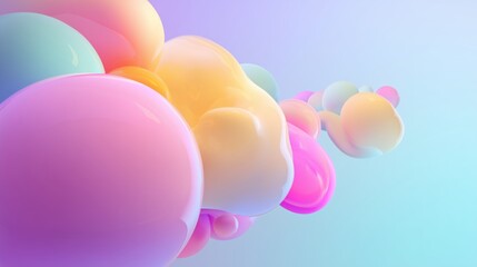 Dreamy pastel fluid 3D blobs merging on a soft gradient background, creating a whimsical, abstract and smooth colorful composition.