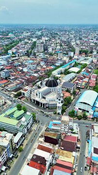 Aerial Drone View of Katedral St. Yosef in Pontianak, Indonesia &ndash; 4K 30fps Static Shot