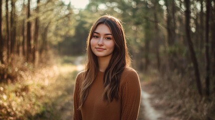 Naklejka premium portrait of a young woman standing on a trail in the woods looking at the camera with a beautiful forest behind her 