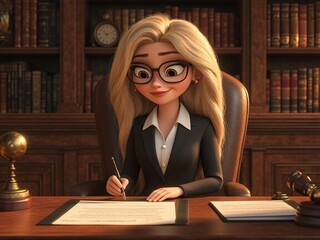 Cartoon blonde lawyer signs documents at desk in office with bookshelves gavel and warm light