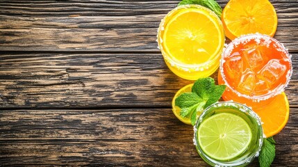 Refreshing Summer Cocktails with Citrus Fruits and Mint on Rustic Wooden Table
