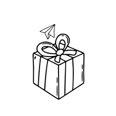 Gift Box with Ribbon and Paper Plane Line Art Vector