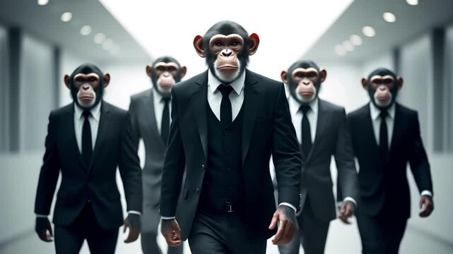 A surreal sci-fi scene featuring humanoid monkeys in black business suits, walking confidently like secret agents. A metaphor for evolution, identity, and the fusion of beast and intellect.