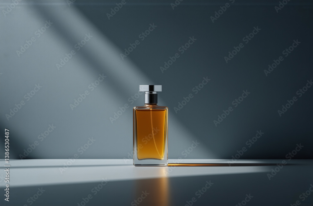 Poster a sleek glass perfume bottle with a silver cap stands elegantly on a white surface. dramatic shadows