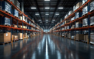 Fototapeta premium Interior of a modern automated high-rack warehouse with organized shelving and robotic systems, representing advanced logistics and smart industrial storage 