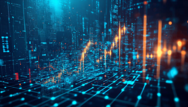 The digital background shows an upward trending graph with a prominent arrow pointing upwards, symbolizing growth and positive progress.