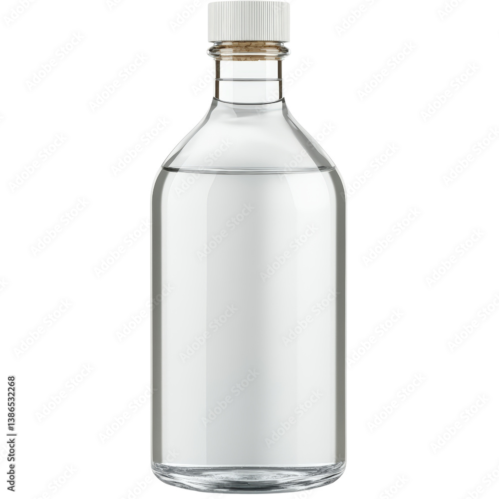 Poster clear glass bottle filled with fresh drinking water displayed on a simple white background for refre