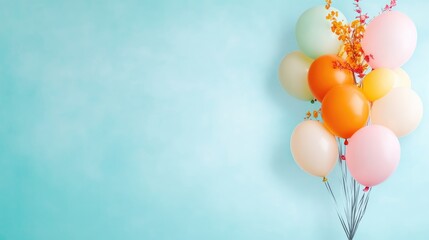 Pastel-colored balloons, various shades of orange, pink, and peach, are clustered together. Theyre adorned with small orange flowers, creating a celebratory feel. The image is well-lit, high-quality,