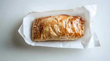 Handheld apple pie in bakery packaging with white paper bag, top view food styling for pastry branding, takeaway presentation and product marketing
