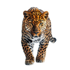 Obraz premium Sleek Leopard Walking Forward Rosetted Coat Isolated on Transparent Background