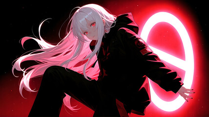 Cool anime girl in black clothes on the background with a sign forbidden, anime background