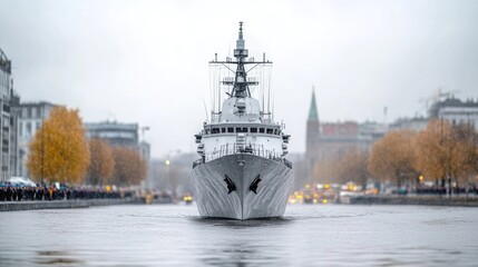 A grey warship, sleek and imposing, dominates the image. Its positioned centrally, facing the viewer on calm water. The background shows a city skyline with muted autumnal trees, slightly out of focu
