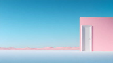 Minimalist Pink Wall With White Door Against Blue Sky and Pink Desert