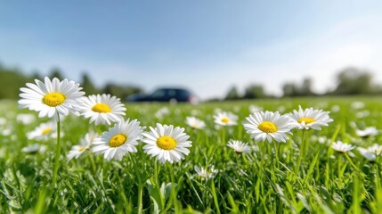 Several daisies with bright yellow centers and white petals bloom in a lush green field. Other daisies and out-of-focus greenery fill the foreground and background. A blurry car is visible in the dis