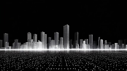 Abstract futuristic digital cityscape with transparent buildings and dotted architecture, showcasing a sci-fi skyline perspective, representing the concept of a modern city in a digital world