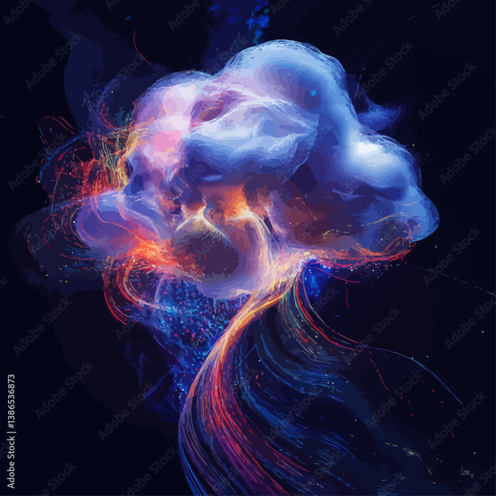 Poster abstract neural network cloud with flowing data streams in blue and red