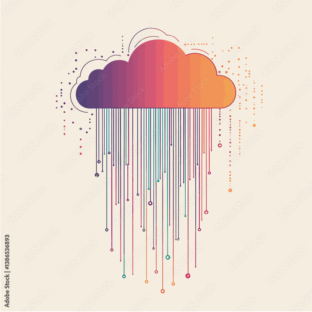 Poster abstract cloud computing concept with colorful lines and dots