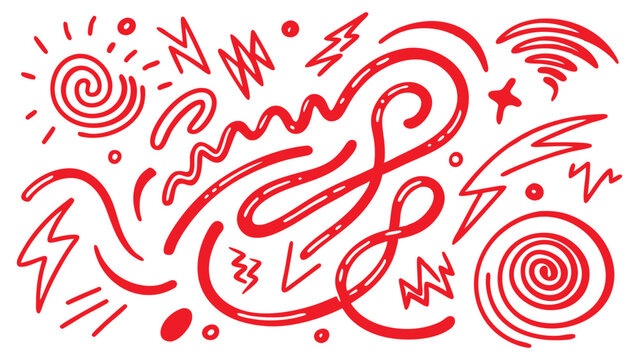 Red heart pattern on white background with festive and love-themed design elements. Marker red pen highlights squiggle stroke. Vector swoosh brush
