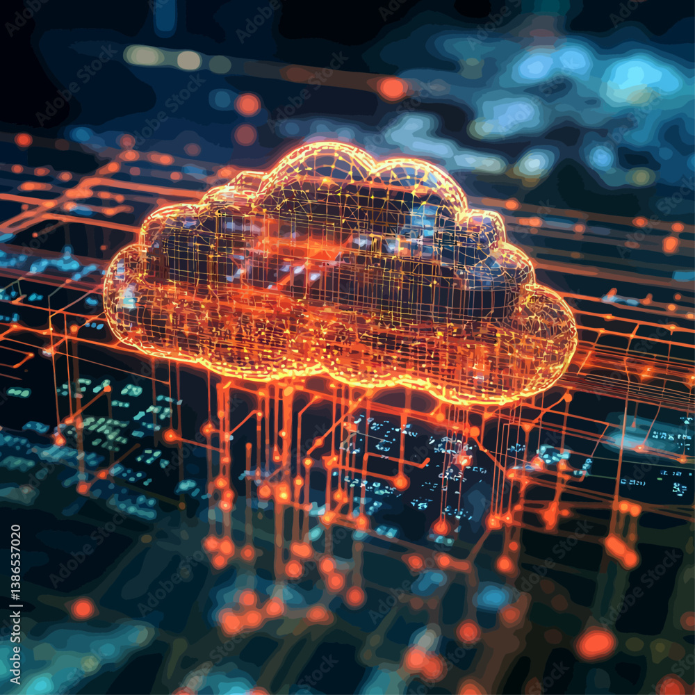 Poster abstract digital cloud computing network connection on circuit board