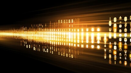 Abstract binary code background with glowing light spots and pixelated effect, representing digital technology, data processing, and cyberspace, with space for copy or text placement
