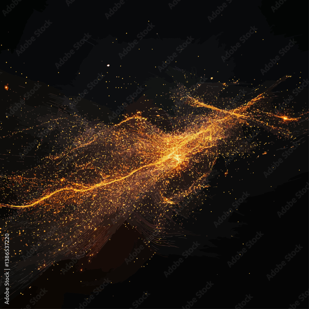 Poster golden sparks flowing through abstract neural network on dark background