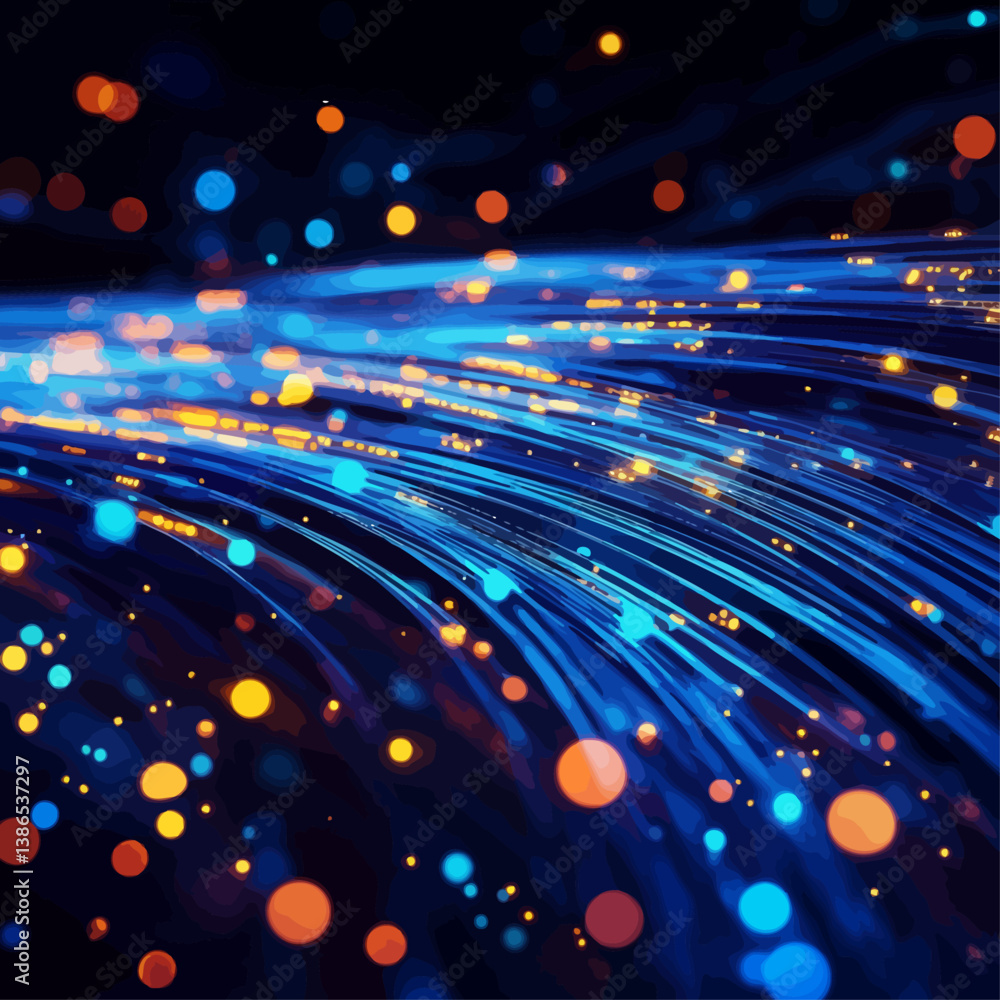 Poster flowing blue data streams with glowing particles
