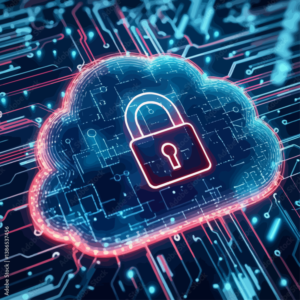 Poster cloud computing security with digital padlock and circuit board design