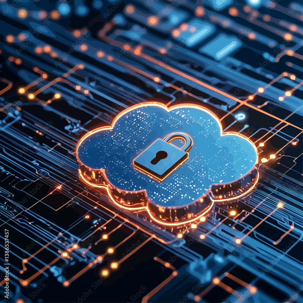 Poster secure cloud computing with padlock on tech circuit board