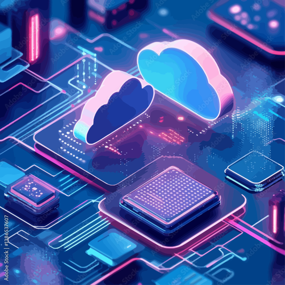 Poster cloud computing and data processing on a neon circuit board